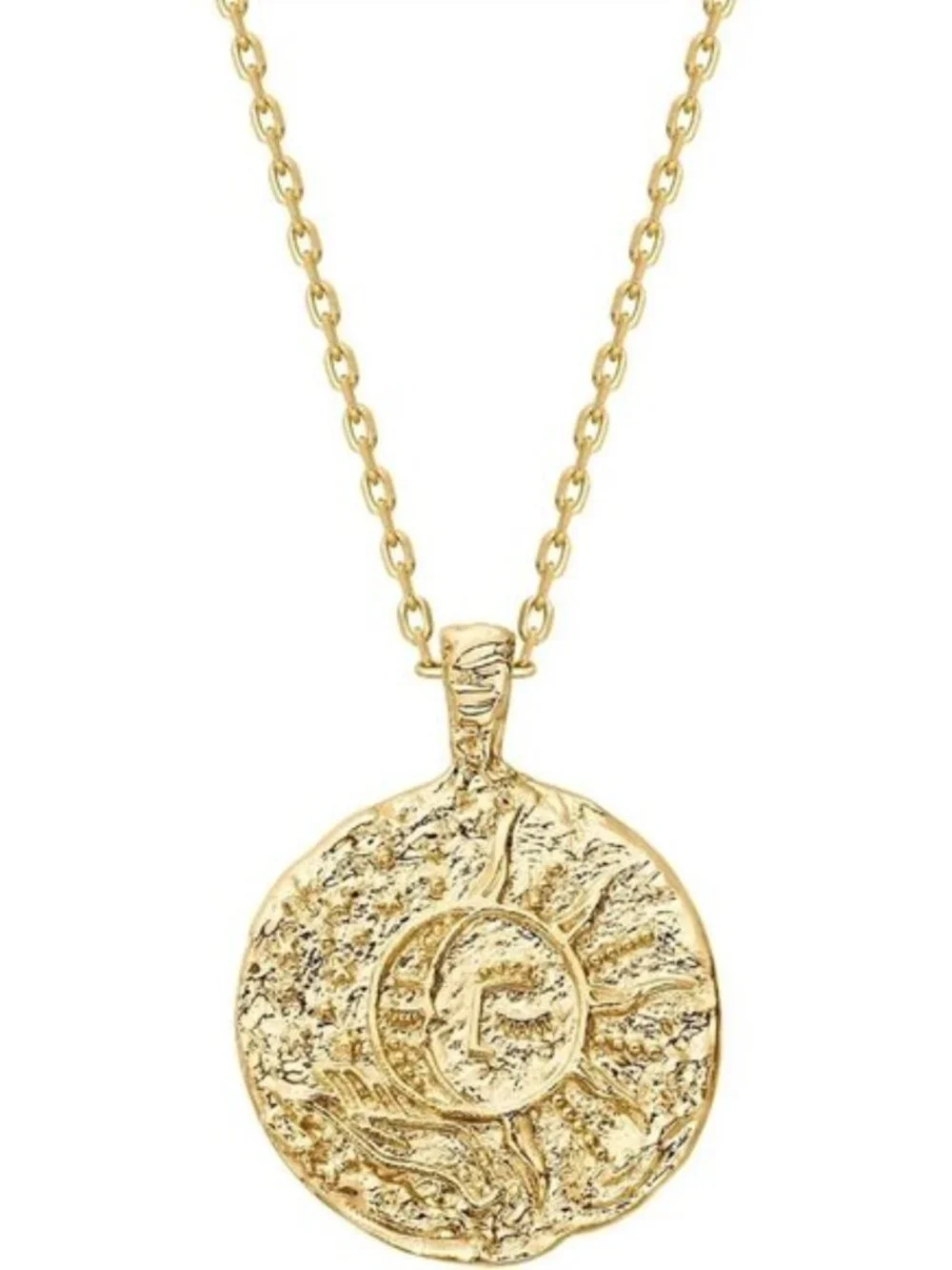 14K Yellow Gold Plated Engraved Moon & Star Coin Pendant Necklace CZ 20 Inch